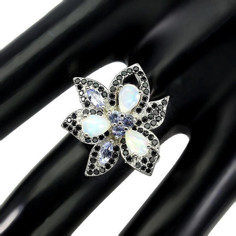 Fire Opal & Black Spinel Tanzanite 925 Sterling Silver Ring Size 9.25 - Picture 4 of 8